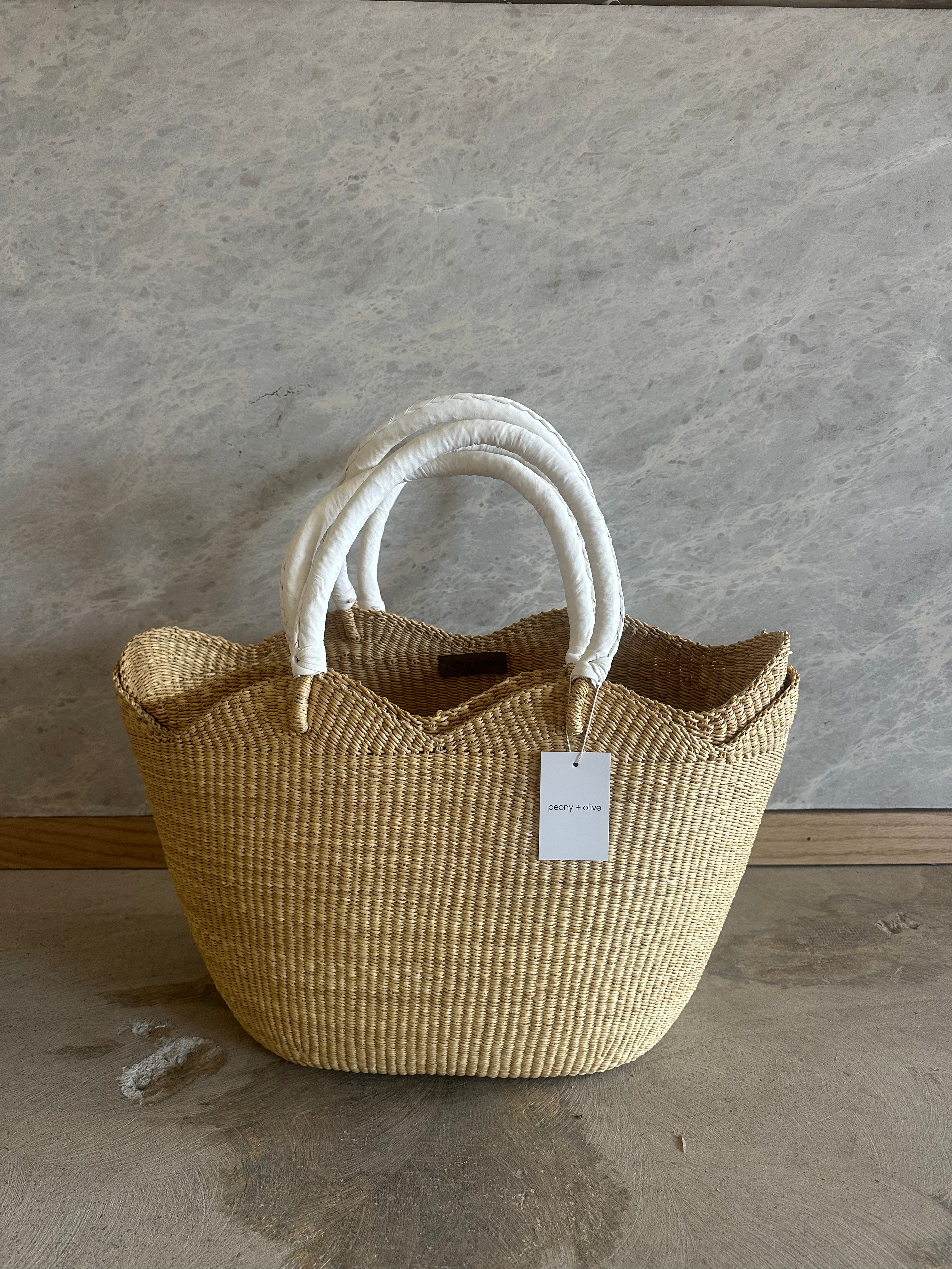 Scalloped Woven Tote w/ White Leather Handle