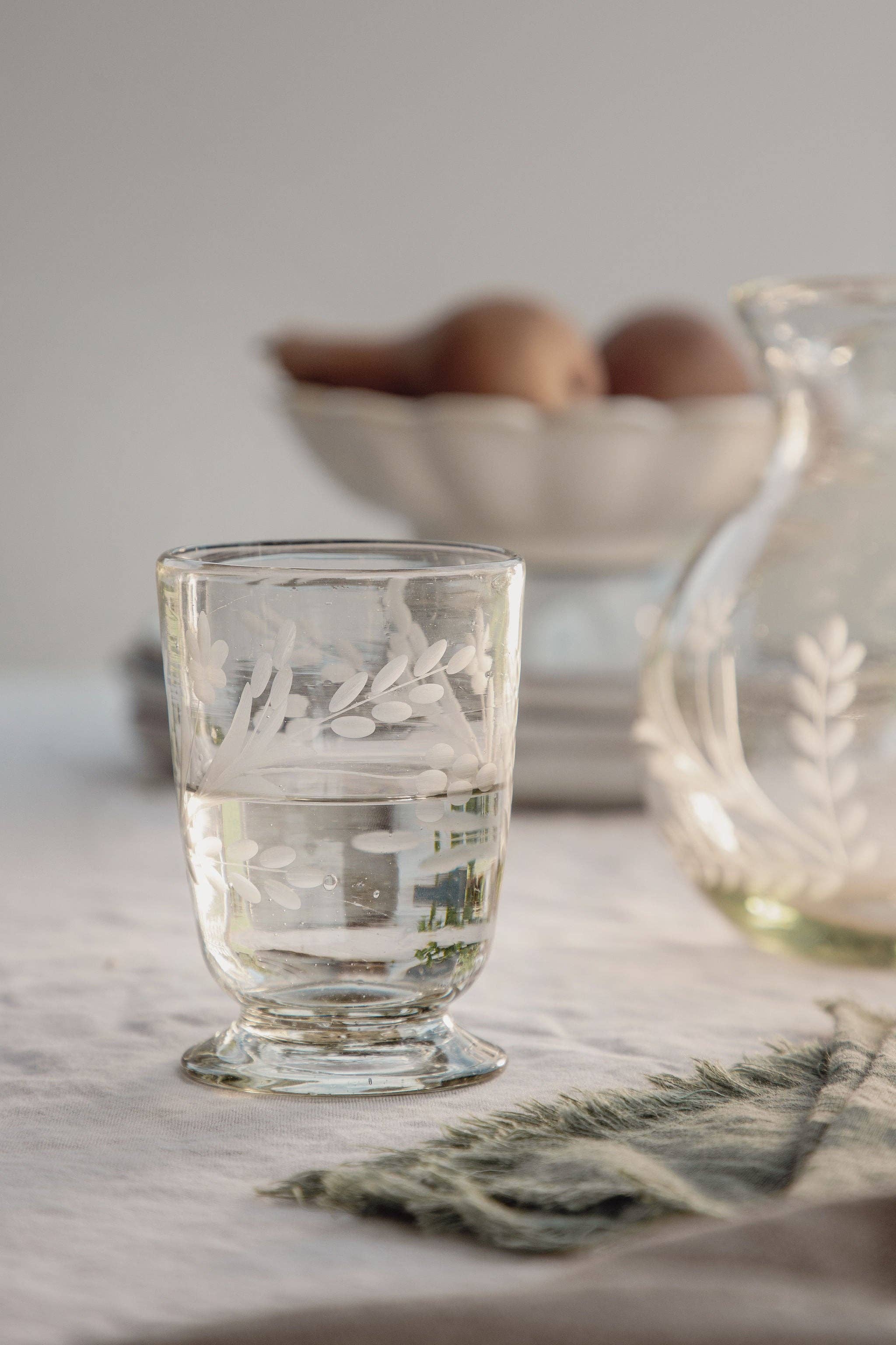 Hand-Etched Blown Footed Glass