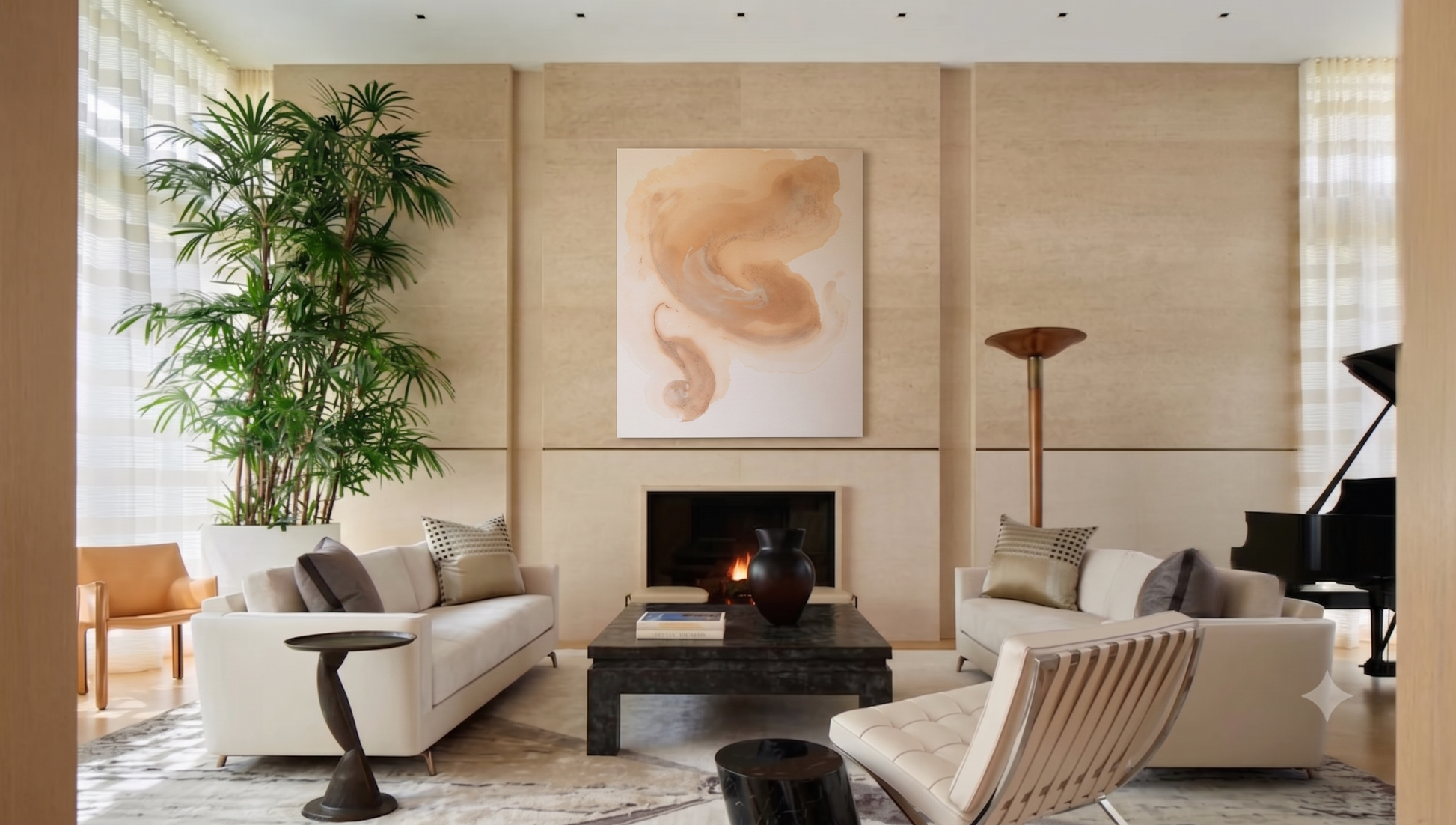 Modern living room with beige walls, white sofa, and decorative elements.